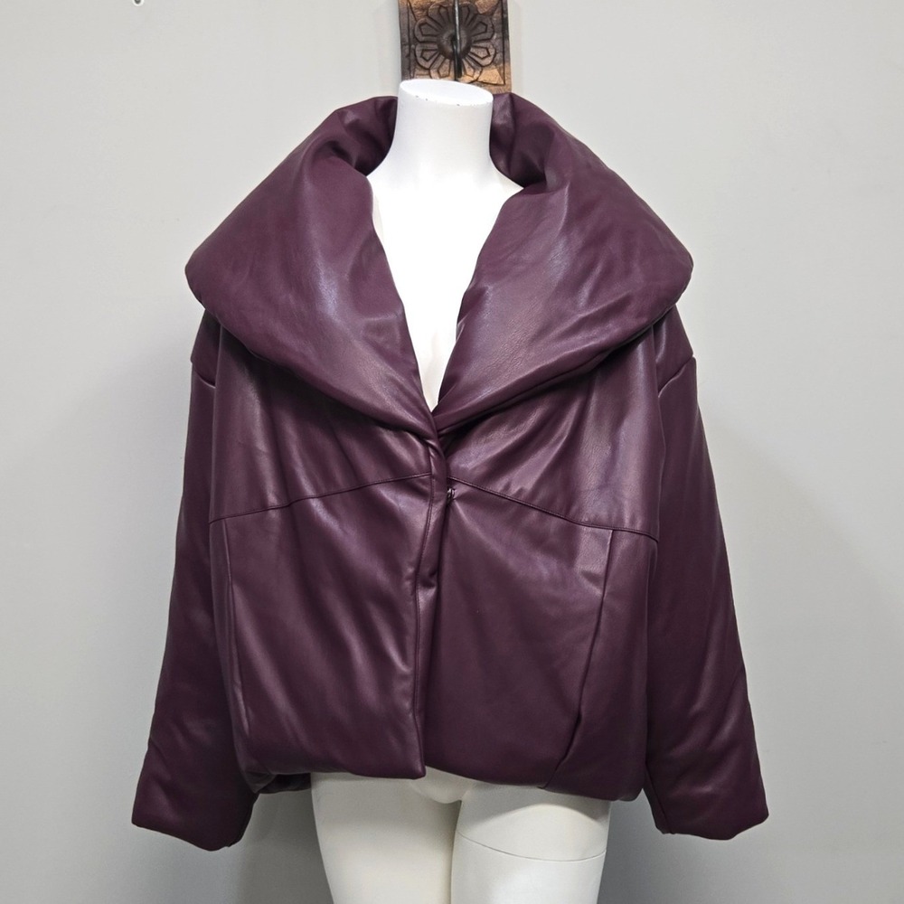 G by Giuliana Black Label Puffer Jacket Small Plum Purple Faux Leather Oversized